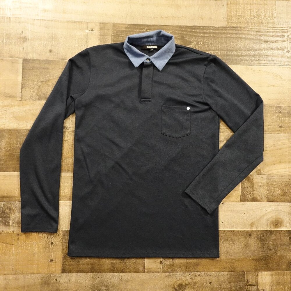 Baldwin Long Sleeve Polo Shirt Men’s Small Navy Blue Contrast Collar